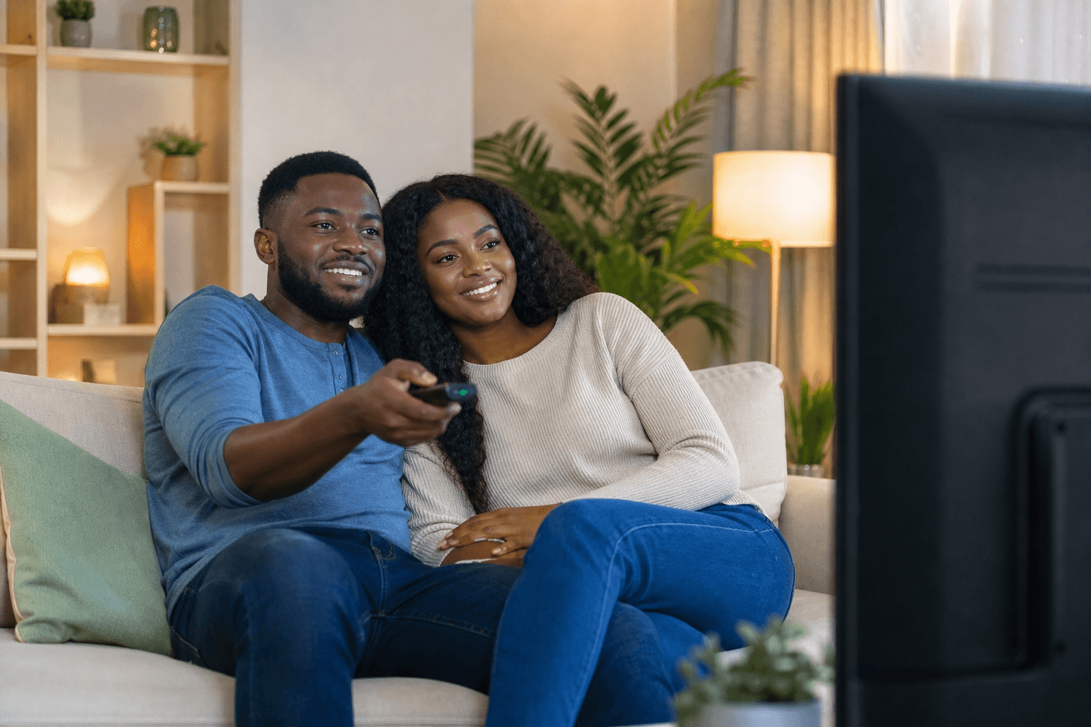 Nigerian couple enjoying TV together in a brightly lit living room